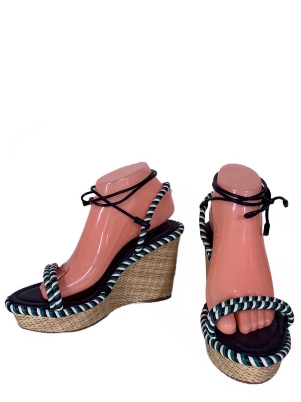 AREZZO BLUE, GREEN & WHITE TWISTED ROPE FAUX LEATHER WEDGE HEEL SANDALS (39)